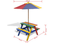Dětský piknikový stůl, lavičky a slunečník vícebarevný dřevo