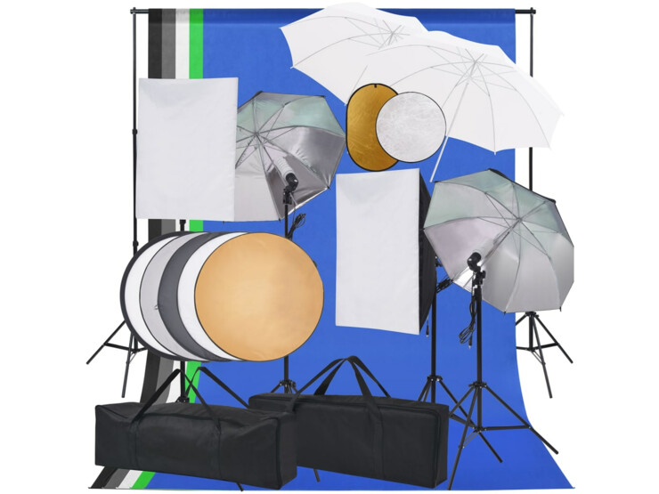 Foto studio set se softboxy, deštníky, pozadím, odraznou deskou