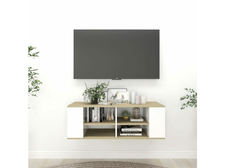 Nástěnná TV skříňka bílá a dub sonoma 102x35x35 cm dřevotříska