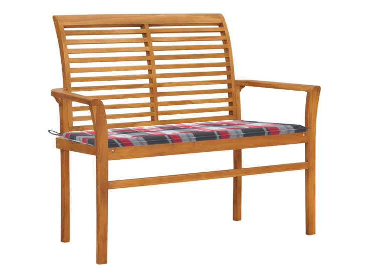 Zahradní lavice + červená károvaná poduška 112 cm masivní teak