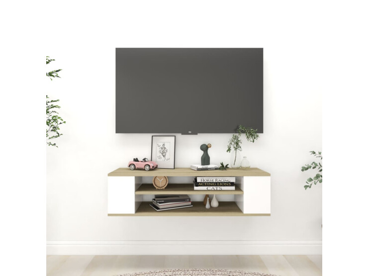 Závěsná TV skříňka bílá a dub sonoma 100x30x26,5 cm dřevotříska