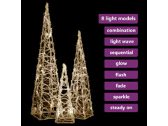  Sada akrylových světelných LED kuželů teplá bílá 30/45/60 cm