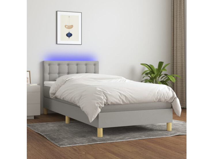  Box spring postel s matrací a LED světle šedá 90x190 cm textil